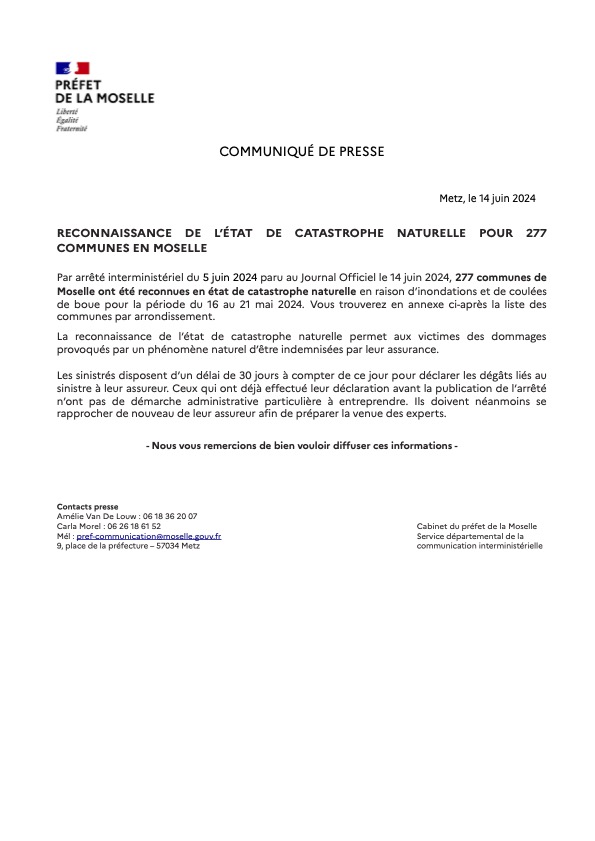 L'état de catastrophe naturelle reconnu en Moselle pour 277 communes