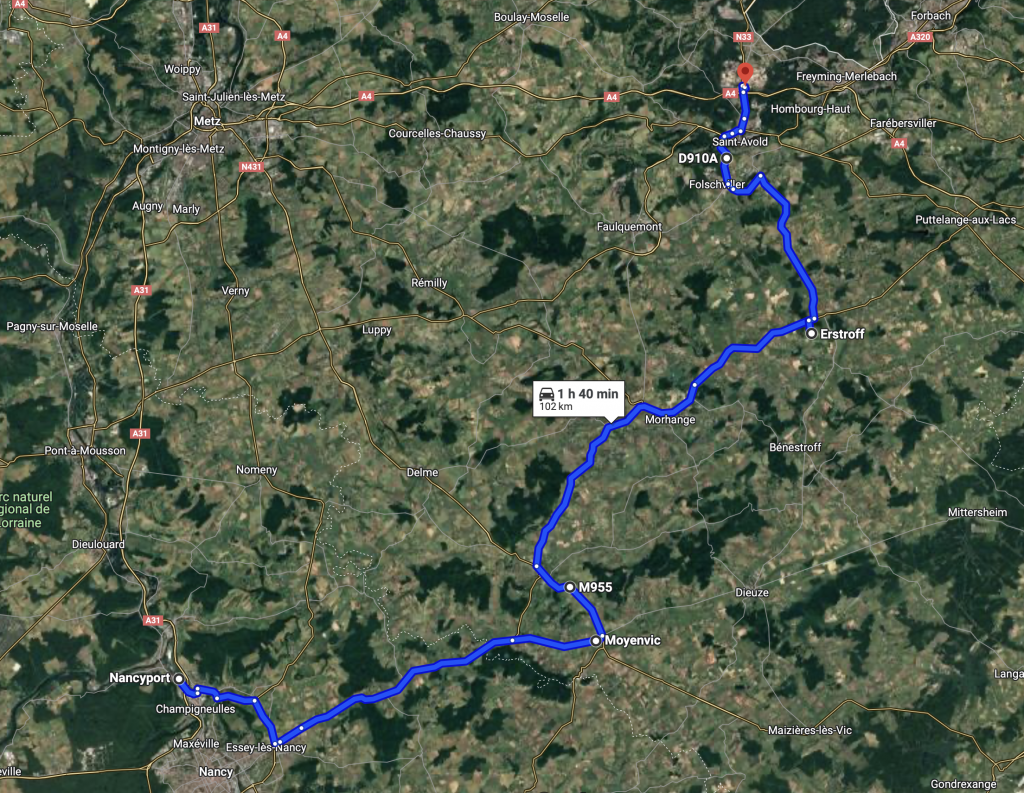 Trajet du second convoi exceptionnel en Moselle, entre Nancy et Carling