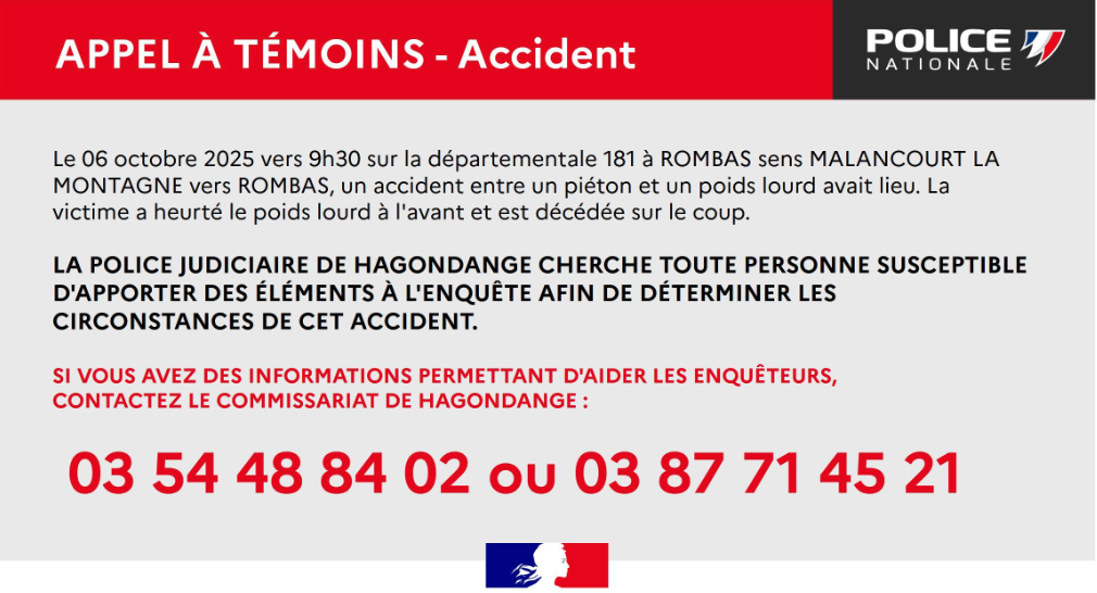 Appel à témoin suite à un accident mortel survenu à Rombas