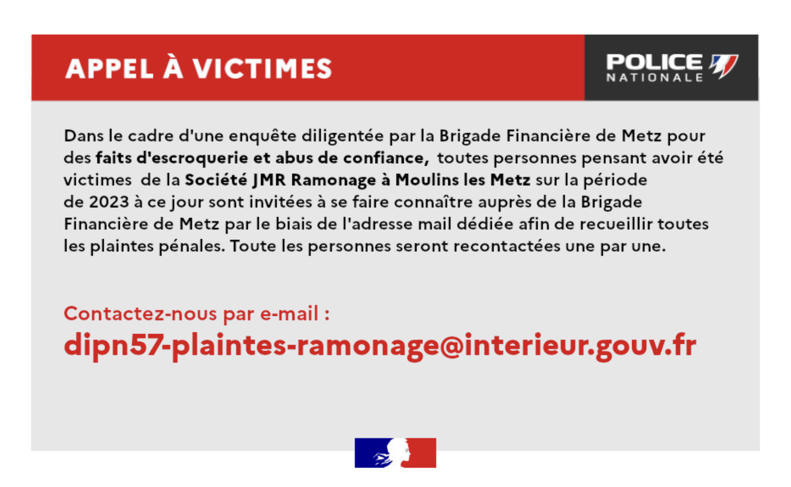 La police nationale lance un appel à victimes après des faits d'escroquerie